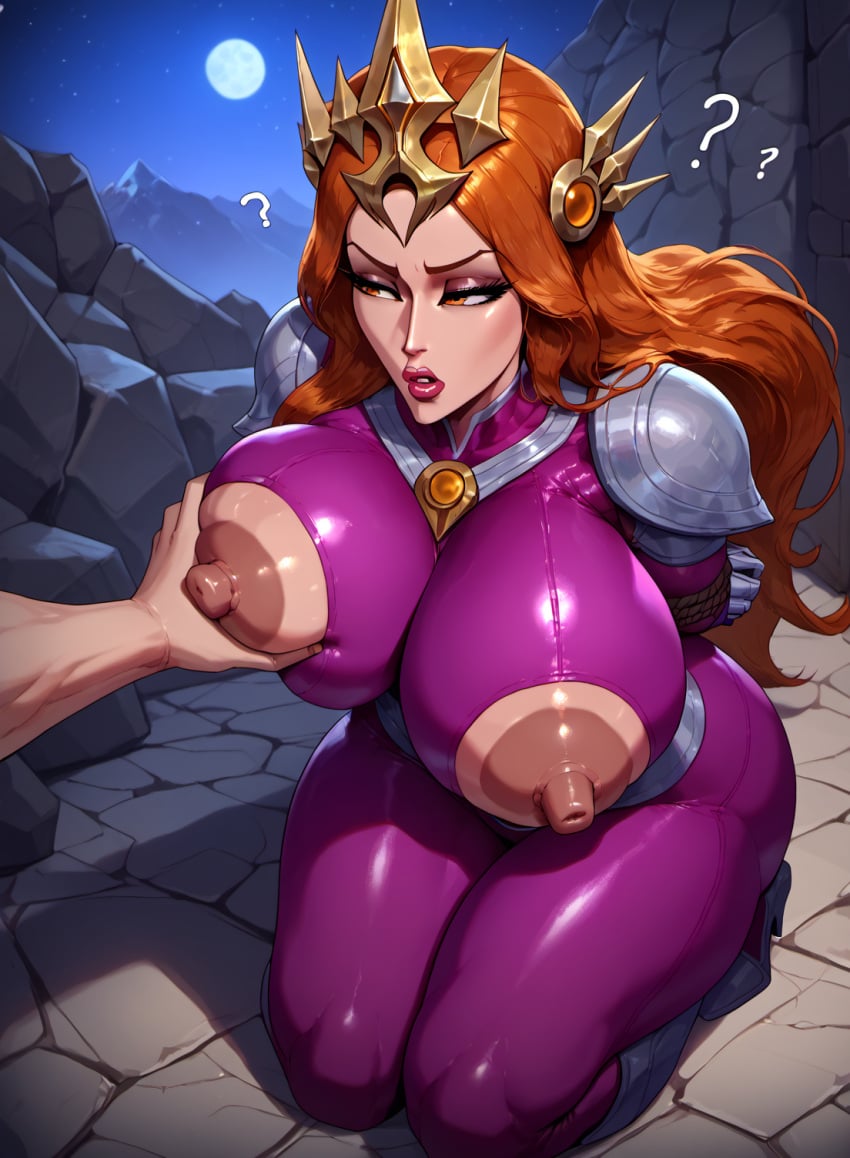 1boy 1girls ai_generated aristartz_ai big_ass big_breasts big_nipples bodysuit bondage breast_grab crown handcuffed league_of_legends leona_(league_of_legends) magenta_bodysuit mountain night orange_eyes orange_hair outside