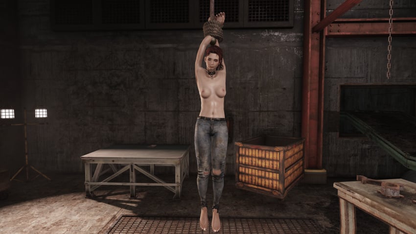 1girls 3d arms_above_head bondage bound_wrists fallout fallout_4 original_character red_hair stanoth topless topless_female