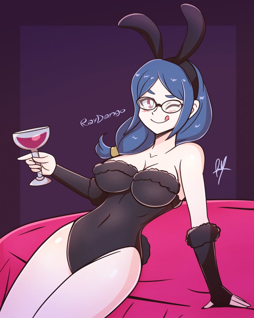 1girls blue_hair breasts bunnysuit female female_only little_witch_academia raydango red_eyes ursula_callistis wine