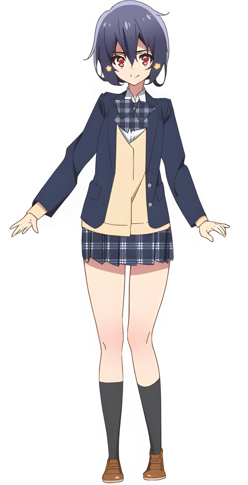 1girl 1girls black_hair clothed flower_in_hair full_body hands idol knees legs light_skin medium_breasts medium_hair mizuno_ai official_art red_eyes school_uniform sfw shoes short_skirt skirt smile socks thighs zettai_ryouiki zombie_land_saga