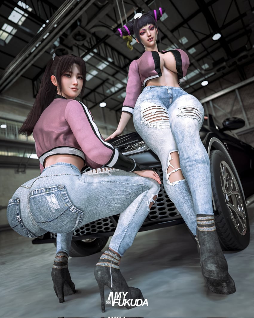 2girls 3d amyfukuda asian asian_female ass big_ass big_breasts black_hair breasts brown_hair capcom cleavage high_heels huge_ass huge_breasts jeans juri_han king_of_fighters mai_shiranui paag snk squatting street_fighter street_fighter_6 tight tight_pants