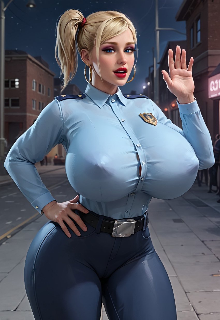 ai_generated belt blonde_hair blue_eyes braless city collared_shirt earrings erect_nipples female_only hand_on_hip hoop_earrings huge_breasts jewelry logan_d mirra_snow night police police_uniform policewoman red_lipstick side_ponytail solo solo_female tight_clothing waving