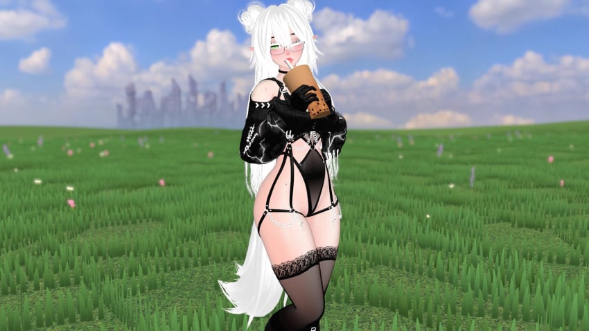 3d animal_ears animal_tail blue_sky blurred_background blurry_background clouds cloudy_sky elf_ears female female_only glasses grass grass_field green_eyes light-skinned_female light_skin long_hair outdoors outside pale-skinned_female pale_skin sayamelon solo tagme unity_(engine) vrchat vrchat_avatar vrchat_media vrchat_model wearing_glasses white_hair white_sclera wink winking_at_viewer