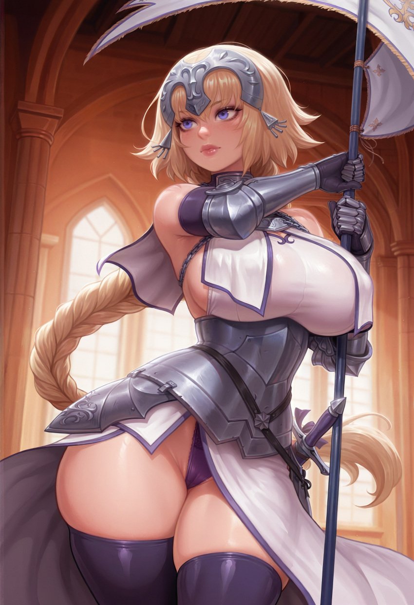 1girls ai_generated armor armored_dress blue_eyes dynamic_pose fate/apocrypha fate_(series) female holding_banner indoors jeanne_d&#039;arc_(fate) knightus_ai lips nose scenery skindentation sword thick_thighs