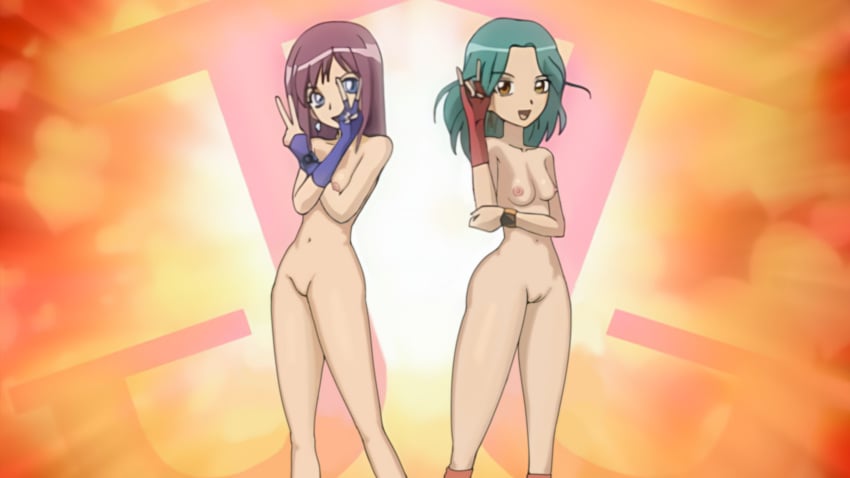 2girls areolae bakugan bakugan_battle_brawlers blue_eyes breasts gloves green_hair idol jenny_(bakugan) jewls_(bakugan) jj_dolls kanihara_yumiko kashikiri_nae legs light_skin long_hair magenta_hair medium_breasts medium_hair naked nipples no_pubic_hair nude nude_edit nude_filter official_art orange_eyes posing pussy sega smile socks teenager thighs turquoise_hair vagina