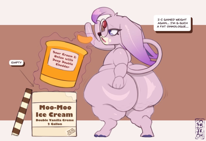 anthro ass big_butt bottom_heavy butt_grab cellulite dialogue eeveelution english_text espeon esper_(justkindofhere) eyewear female fur generation_2_pokemon glasses hand_on_butt huge_butt huge_thighs hyper hyper_butt justkindofhere nintendo overweight overweight_female pokemon pokemon_(species) purple_body purple_fur purple_sclera rear_view text thick_thighs weight_gain