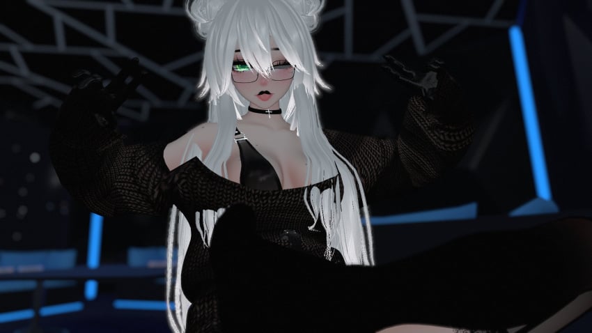 3d blurred_background blurry_background collar female female_only glasses green_eyes light-skinned_female light_skin long_hair peace_sign sayamelon solo tagme unity_(engine) vrchat vrchat_avatar vrchat_media vrchat_model wearing_glasses white_hair wink winking_at_viewer