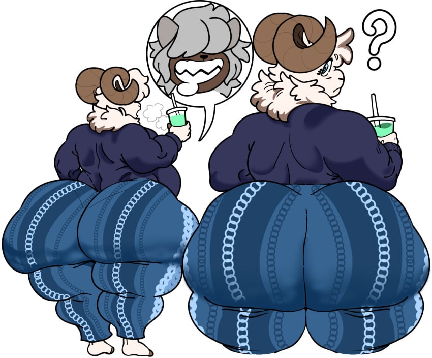 2025 ambiguous_gender anthro ass beverage big_ass big_butt bottomwear bovid canid canine canis caprine clothing container coyote cup digital_media_(artwork) disembodied_head duo fat_ass furry furry_only futanari goat gynomorph_(lore) hair hair_over_eyes hi_res horn huge_ass huge_butt hyper hyper_butt looking_at_viewer looking_back male mammal marshal_(serbiansockfight) megokinho nara_(masterj291) overweight overweight_male pants simple_background slightly_chubby slightly_chubby_male smile white_background