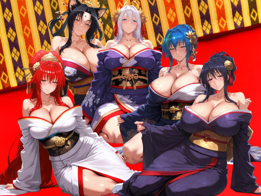 ai_generated akeno_himejima big_breasts black_hair blue_hair blush breasts huge_breasts imminent_sex kimono kuroka_(high_school_dxd) nervous red_hair rias_gremory rossweisse take_your_pick white_hair xenovia_quarta