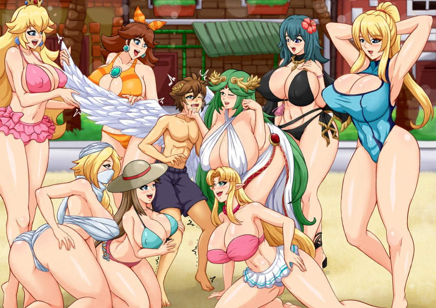 angel_wings arms_behind_head beach beach_background bending_over bikini bikini_bottom bikini_top black_hair blonde_hair blush blushing_male brown_hair byleth_(fire_emblem)_(female) chin_grab cleavage_cutout elf_ears fantastic_arousal female fire_emblem fire_emblem:_three_houses flower_in_hair grabbing_leg green_hair huge_breasts imminent_sex kid_icarus kid_icarus_uprising leaf_(pokemon) male mario_(series) massive_ass massive_breasts metroid multiple_girls ninja older_female one_boy overwhelming_pleasure palutena pit_(kid_icarus) pointy_ears pokemon princess_daisy princess_peach princess_zelda rud-k samus_aran sensitive sheik shorter_male super_mario_bros. super_smash_bros. swim_trunks taller_female taller_girl the_legend_of_zelda thick_ass thick_thighs winking_at_partner younger_male