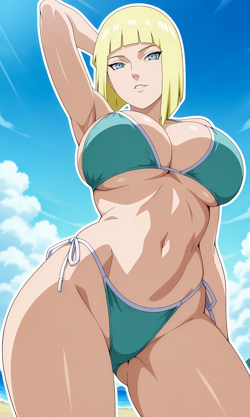 1girls ai_generated arm_behind_head arm_support bare_arms bare_legs bare_midriff bare_shoulders bare_thighs beach big_breasts bikini bikini_bottom bikini_top blonde_hair blue_eyes blunt_bangs blush bob_cut breast_grab breasts breasts_bigger_than_head busty clavicle cleavage collar collarbone embarrassed expressionless female female_only front_view grabbing_own_breast highleg highleg_bikini horizontal_navel huge_breasts large_breasts light-skinned_female light_skin mature mature_female mature_woman midriff milf nai_diffusion naruto naruto_(series) naruto_shippuden navel oblique_edge ocean official_alternate_costume oppai pinup revealing_swimsuit sagging_breasts samui sand seaside short_hair skimpy skimpy_bikini smile solo solo_focus stable_diffusion swimsuit tagme thick_thighs thighs turquoise_bikini upper_body url viewed_from_below voluptuous voluptuous_female watermark web_address yellow_hair