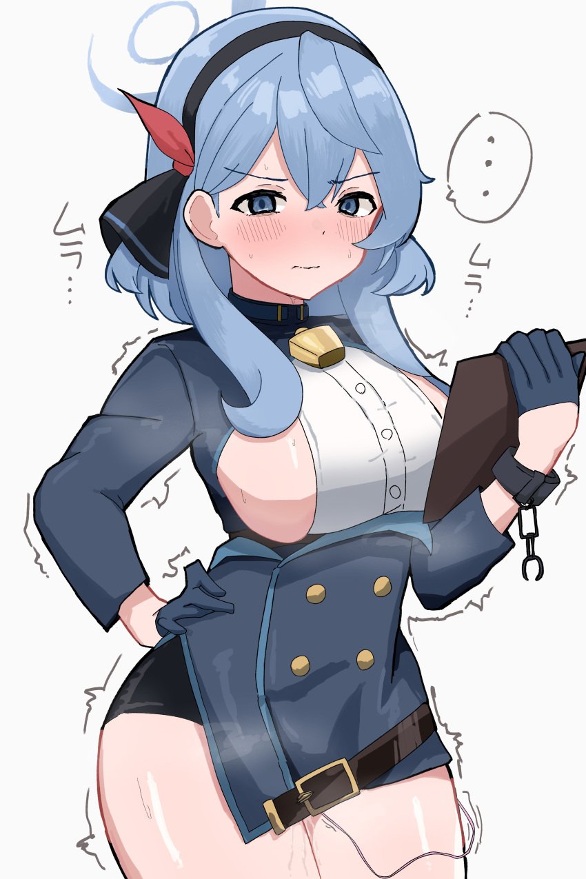 ... absurdres ako_(blue_archive) bell black_hairband black_skirt blue_archive blue_eyes blue_gloves blue_hair blue_halo blue_jacket blush breasts buttons closed_mouth commentary_request cowbell cuffs double-breasted double-parted_bangs female framed_breasts gloves hair_behind_ear hair_between_eyes hair_over_shoulder hair_ribbon hairband half_gloves halo hand_on_own_hip highres holding jacket large_breasts long_sleeves medium_hair miniskirt neck_bell partial_commentary pussy_juice red_ribbon ribbon sex_toy shackles shirt sideboob sideless_shirt sidelocks skirt solo speech_bubble sweat tori_no_shigure_ni translation_request underbust vibrator white_background white_shirt