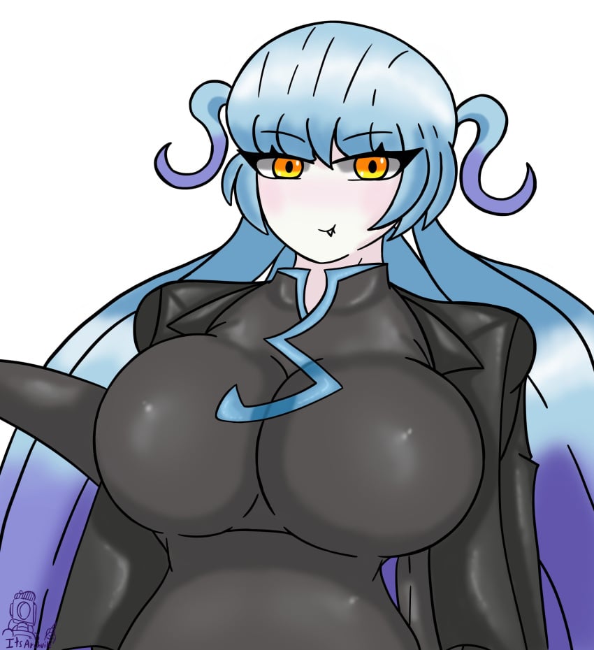 1girls artist_signature blue_hair blush breasts busty chinese_clothes female female_only huge_breasts its_archville jacket jacket_on_shoulders limbus_company lobotomy_corporation looking_at_viewer multicolored_hair project_moon qipao queen_of_hatred smile twintails yellow_eyes