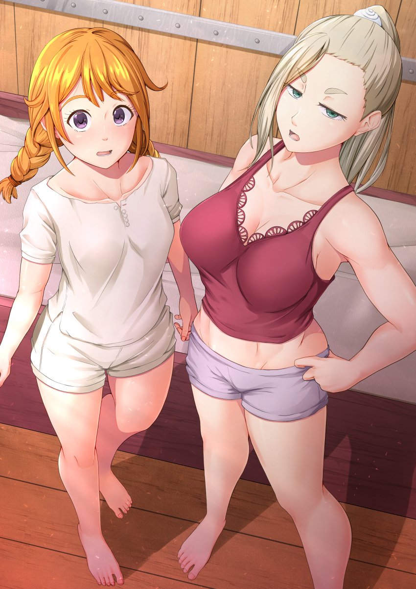 2girls big_breasts breasts curvaceous curvy curvy_female female female_focus female_only hi_res highres large_breasts light-skinned_female light_skin long_hair looking_at_viewer medium_breasts ocza slim_waist thick_thighs thighs wide_hips