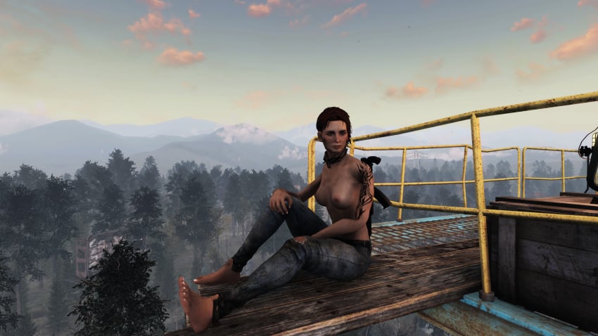 1girls 3d barefoot fallout fallout_4 female gun short_hair short_hair_female stanoth topless topless_female weapon