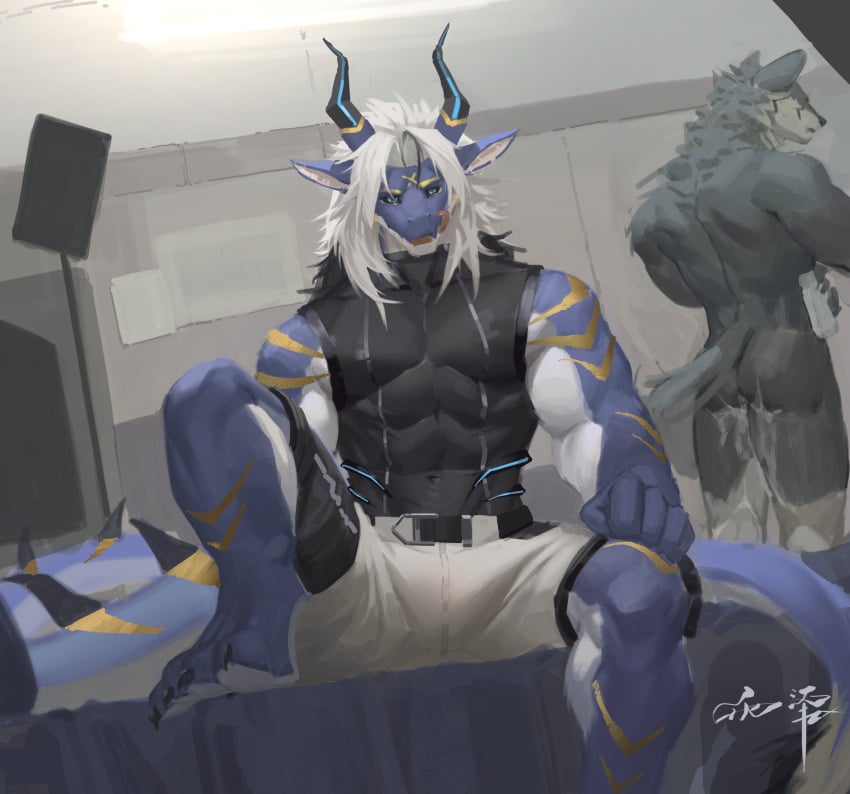 absurd_res anthro ass awaldkize black_clothing black_topwear blue_body blue_eyes bodily_fluids bottomwear canid canine canis clothing cum cum_on_butt cum_on_leg dragon duo front_view fur genital_fluids grey_body grey_fur grey_tail hair hi_res licking licking_lips licking_own_lips looking_at_viewer male mammal markings muscular muscular_anthro muscular_male mythological_creature mythological_scalie mythology neck_tuft nude open_mouth rear_view scalie sitting solo_focus spiked_tail spikes spikes_(anatomy) spread_legs spreading striped_arms striped_legs striped_markings striped_tail stripes tail tail_markings tongue tongue_out topwear tuft white_body white_bottomwear white_clothing white_hair wolf