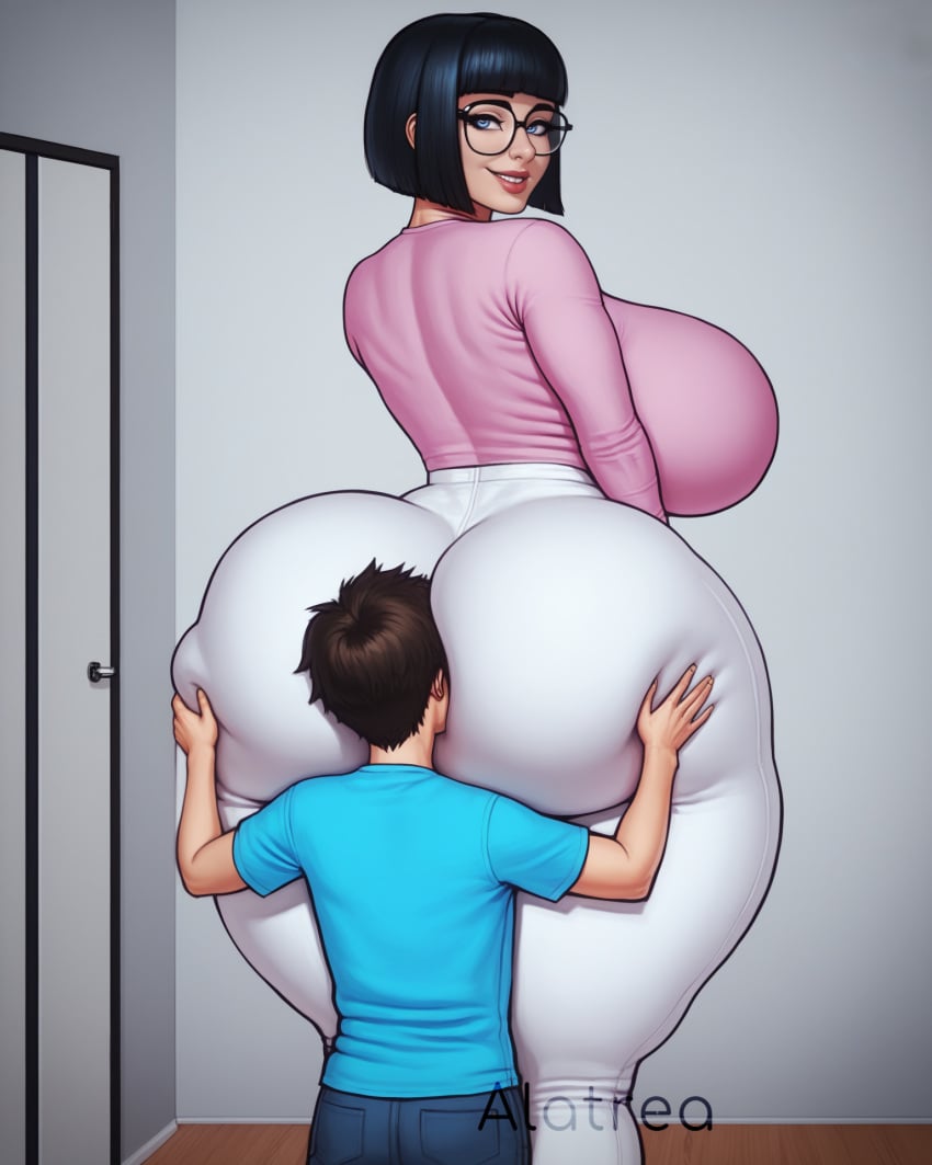 1boy 1girls ai_generated alatrea ass_grab curvy face_in_ass glasses huge_ass huge_breasts huge_hips huge_thighs larger_female looking_back milf smaller_male taller_girl tight_clothing voluptuous