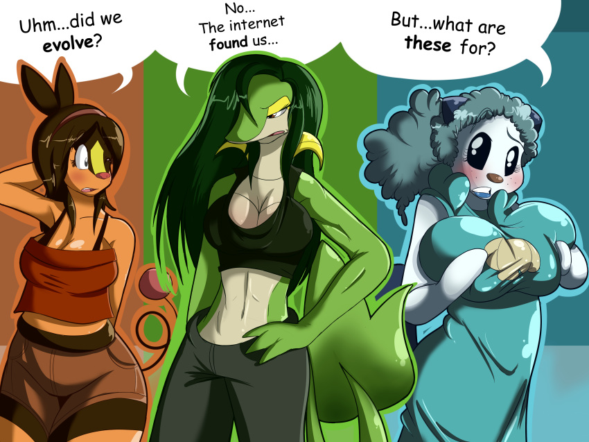 anthro blacksen breaking_the_fourth_wall breasts dialogue furry humor lipstick oshawott pokemon pokemon_(game) pokemon_(species) pokemon_bw snivy tepig text