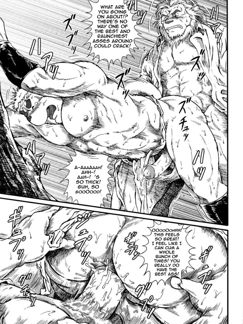 abs anal anal_sex canine clothing comic feline furry gay jin_(artist) lion male muscles no_humans pecs penetration penis shirt translated