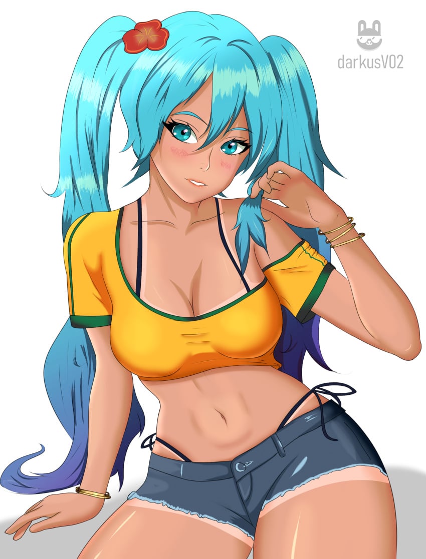 belly_button blue_eyes brazilian_miku mikuo_hatsune short_jeans tan_skin