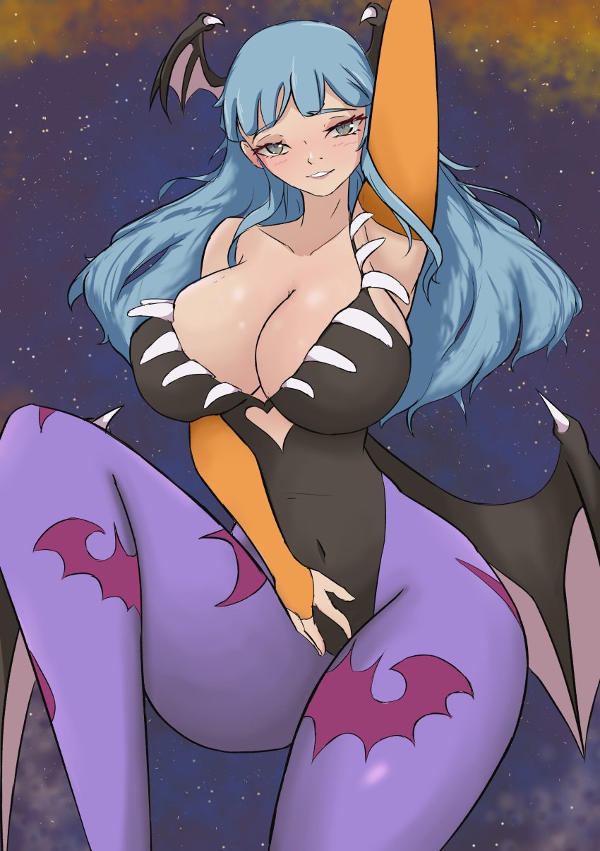 armpits bat_wings big_sister blush boots breasts capcom cosplay covered_navel crossover_cosplay curvaceous darkstalkers female fire_emblem fire_emblem:_three_houses fire_emblem_heroes gray_eyes huge_breasts impossible_clothes leotard light_blue_hair long_hair marianne_von_edmund morrigan_aensland morrigan_aensland_(cosplay) nintendo pantyhose skin_tight smile solo succubus thick_thighs wings