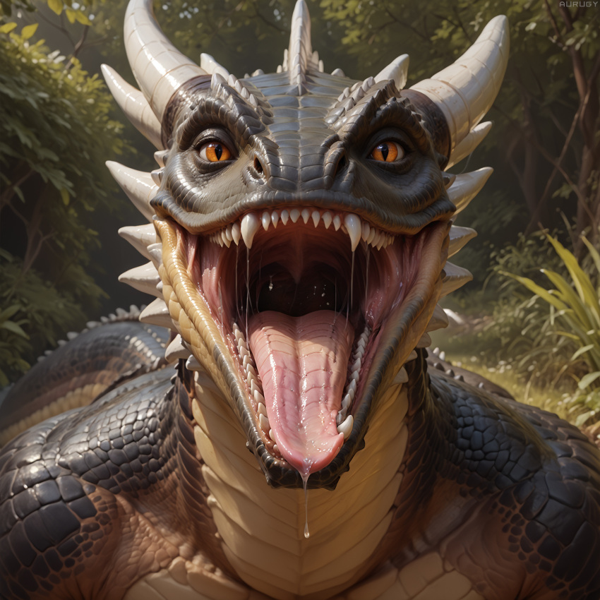 ai_generated anthro argonian aurugy bodily_fluids detailed dragon dragonborn_(dnd) dripping forest furry hi_res horn looking_at_viewer male mouth_shot open_mouth outside photorealism photorealistic plant realistic saliva saliva_drip saliva_on_tongue saliva_string scalie sharp_teeth solo teeth throat tongue tongue_out tree upper_body vore wide_open_mouth