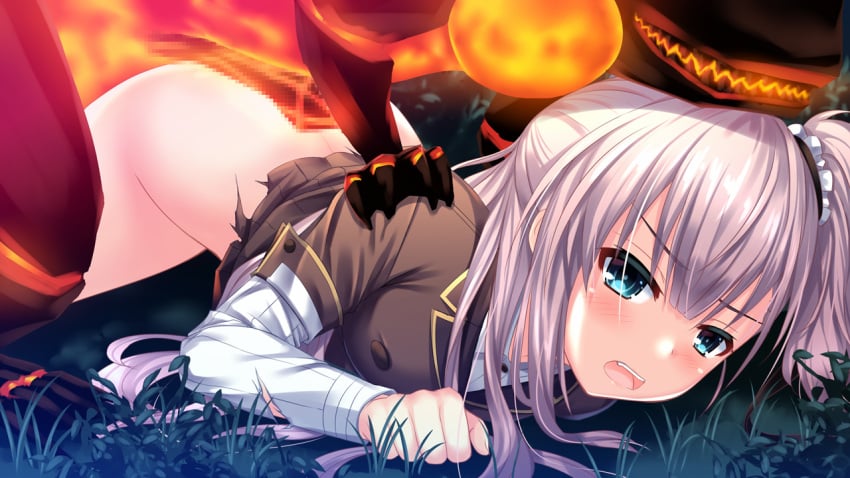 aratama_(toji_no_miko) blue_eyes blush bottomless brown_jacket censored collared_shirt commentary_request female half_updo interspecies jacket long_hair long_sleeves looking_at_viewer lying mayonaka_underground mosaic_censoring on_ground on_stomach one_side_up open_mouth origami_family's_elite_guard_uniform outdoors penis shirt solo striped_clothes striped_shirt teeth toji_no_miko tsubakuro_yume upper_teeth_only v-shaped_eyebrows white_shirt zoophilia