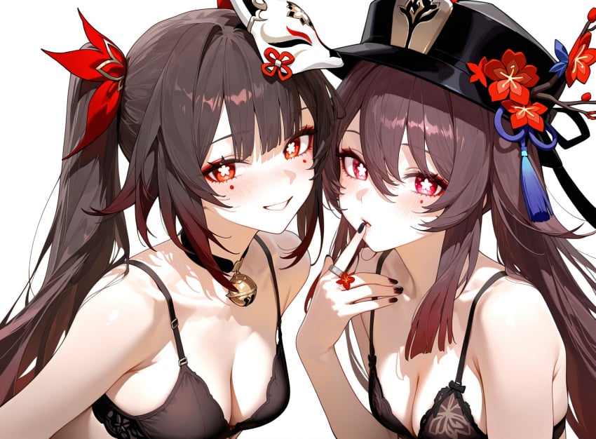 2girls ai_generated bra breasts brown_hair fox_mask genshin_impact hat honkai:_star_rail hoyoverse hu_tao_(genshin_impact) petite red_eyes small_breasts sparkle_(honkai:_star_rail) twintails