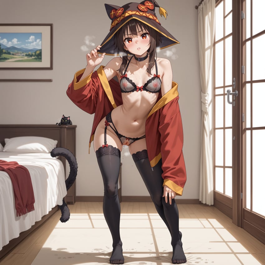 ai_generated bare_shoulders black_bra black_hair black_legwear black_panties blush bra breasts choker chomusuke collar collarbone curtains feline female hat indoors kono_subarashii_sekai_ni_shukufuku_wo! lace-trimmed_bra lingerie long_hair looking_at_viewer megumin navel panties red_eyes short_hair short_hair_with_long_locks small_breasts solo staff standing tail thighhighs underwear window witch_hat