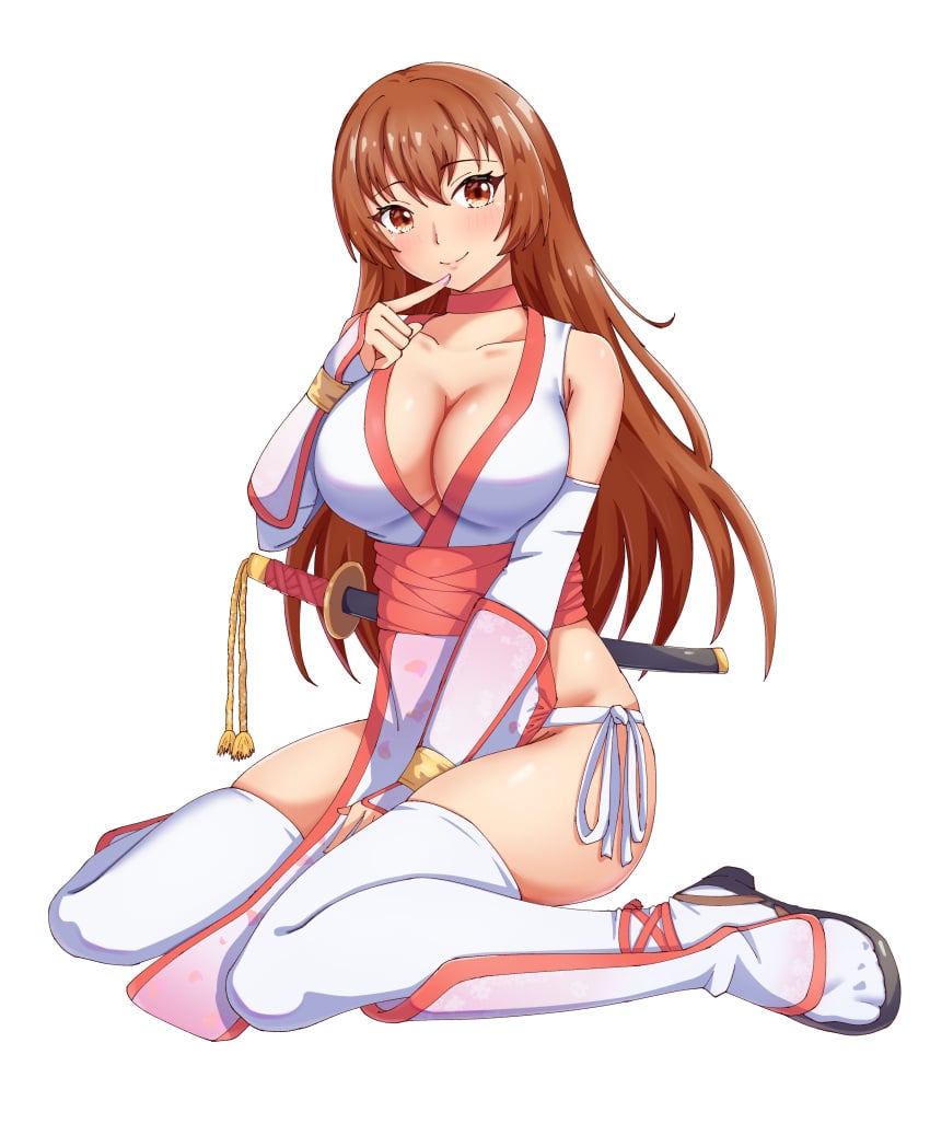 arm_guards breasts brown_eyes brown_hair cleavage curvaceous dead_or_alive female gloves japanese_clothes kasumi_(doa) koei_tecmo large_breasts long_hair no_bra no_panties no_underwear revealing_clothes smile solo tagme tecmo thighhighs thighhighsarm_guards wariza