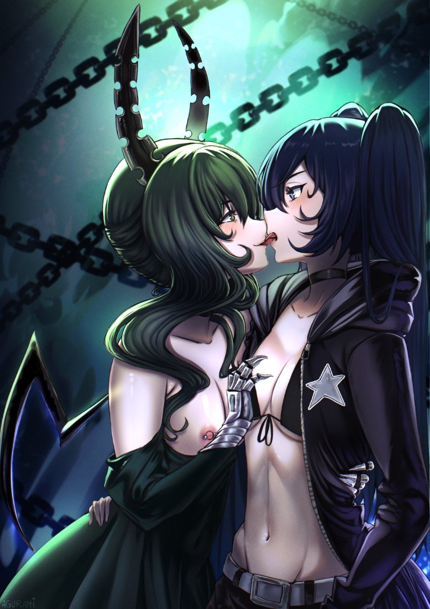 2girls agurami belt black_rock_shooter black_rock_shooter_(character) blue_eyes blue_hair breasts dead_master grabbing_breasts green_eyes green_hair horns kissing medium_breasts nipples pierced_nipples pink_nipples tongue tongue_kiss twintails wings yuri