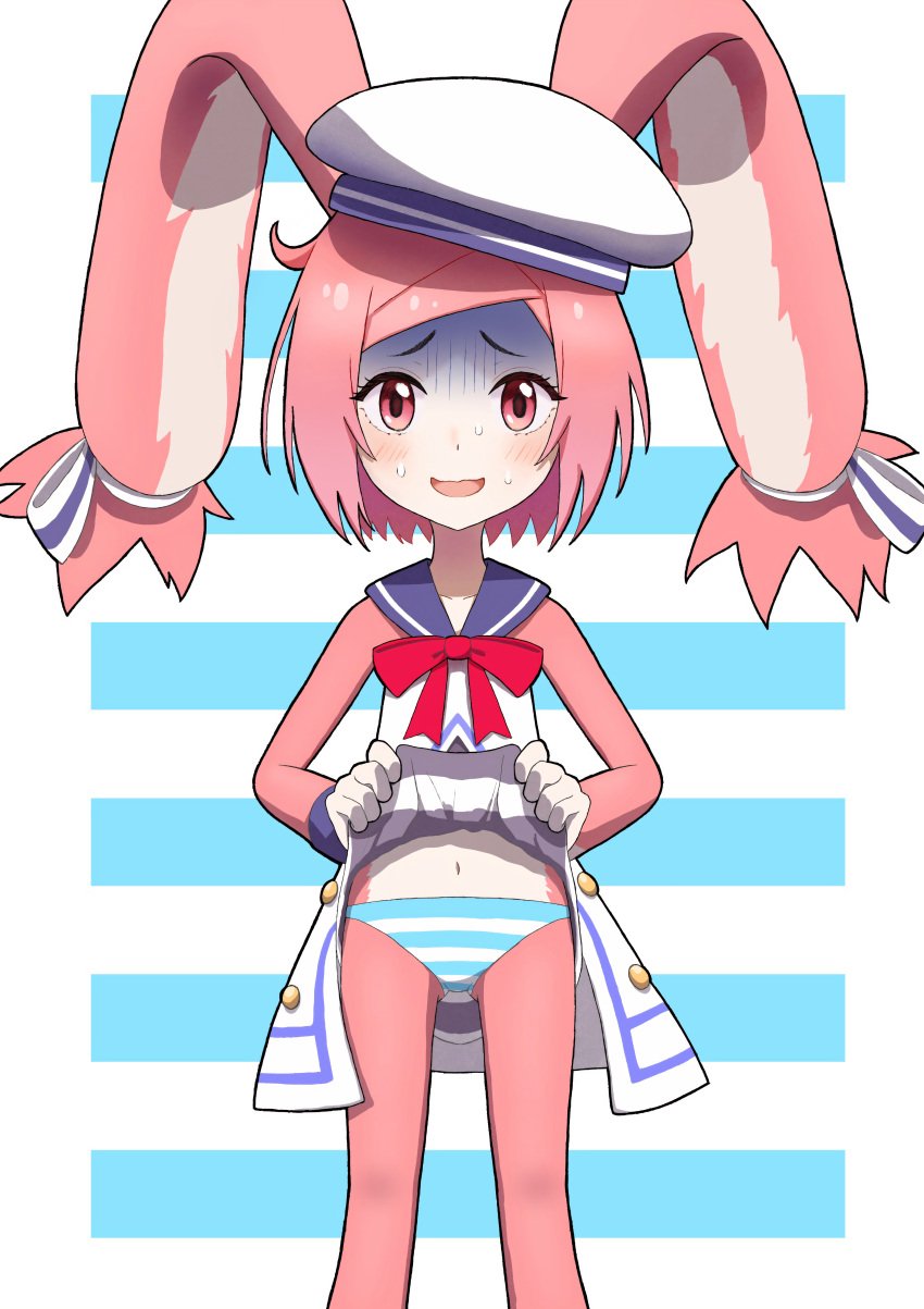 12tailsonline 1girls absurd_res belly belly_button blue_and_white_striped_panties blush dress_lift furry_female highres lifted_by_self mynameisnobody panties pink_fur pink_hair presenting presenting_panties rabbit_(12tailsonline) rabbit_girl red_eyes red_ribbon sailor_dress sailor_hat shimapan showing_off showing_panties skirt_lift striped_background striped_dress striped_panties