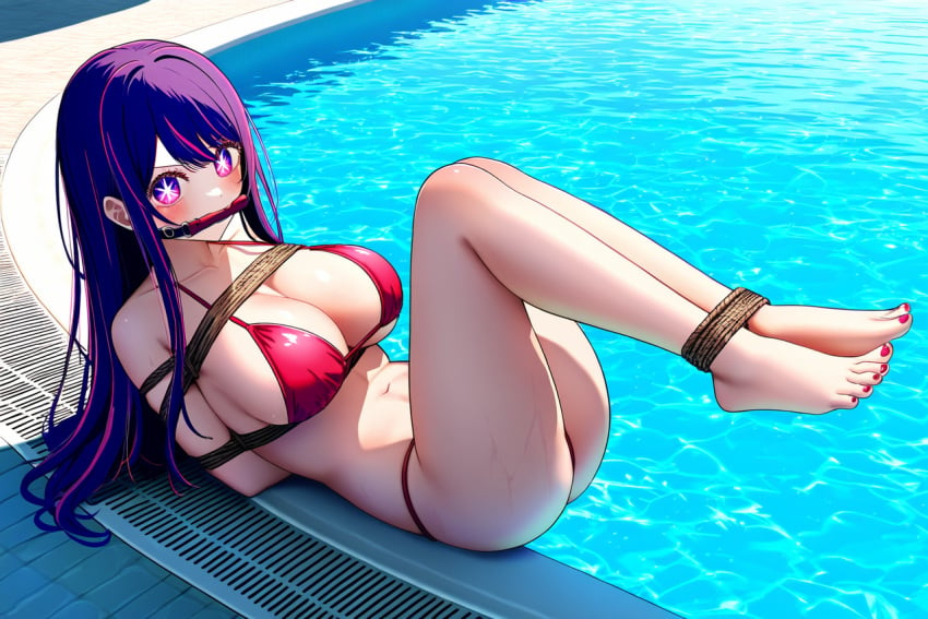 big_breasts bikini bikini_bottom bikini_top bit_gag blush bondage bound bound_ankles bound_arms bound_wrists feet feet_up gag hair_between_eyes half-dressed half_naked hoshino_ai long_hair lying lying_on_side milf oshi_no_ko purple_eyes purple_hair red_swimsuit restrained rope rope_bondage sex_slave slave slavegirl star_(symbol) swimming_pool swimsuit swimwear