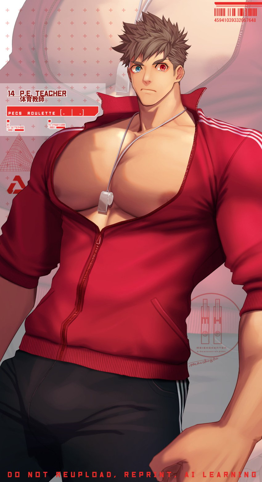 1boy bara beefy biceps big_breasts big_hands blue_eyes brown_hair disproportional gay heterochromia hi_res hunk jacket looking_at_viewer male male_breasts male_only manly mature_male meisho_hanten muscles muscular muscular_arms muscular_male open_clothes oppai original original_character p.e._teacher pecs red_eyes short_hair solo standing text thick_arms tight_clothing tough_guy v-shaped_eyebrows very_high_resolution whistle whistle_around_neck wide_eyed wide_shoulders yaoi