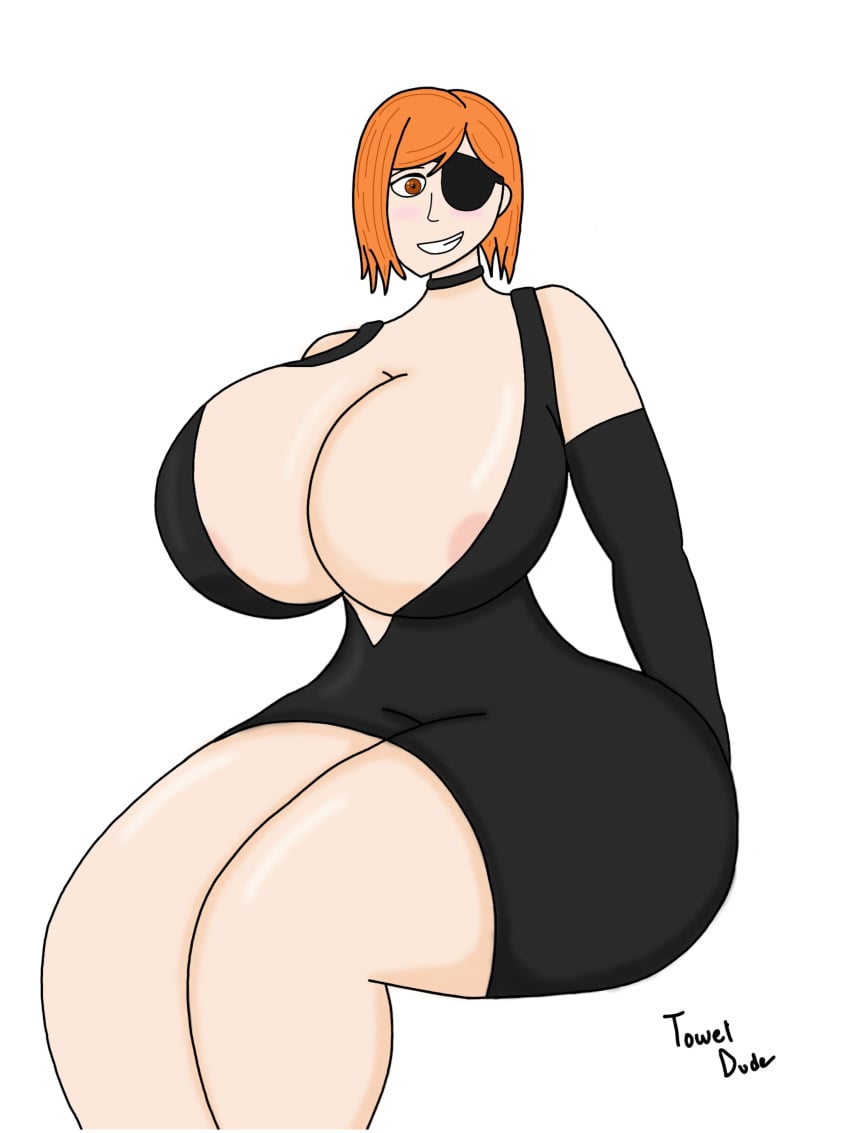 1girls alternate_breast_size anime big_breasts black_dress blush breasts cleavage eyepatch female female_only huge_breasts hyper_breasts jujutsu_kaisen kugisaki_nobara looking_at_viewer massive_breasts massive_tits nip_slip nipples orange_hair solo thick toweldude