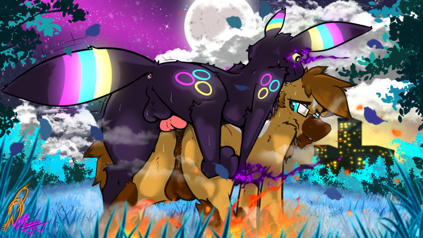 anal anal_sex anus ass balls bodily_fluids brown_body brown_fur dark_body dark_fur detailed_background eeveelution elemental_manipulation equid equine feral fire fire_manipulation fur fur_markings generation_2_pokemon genitals glowing glowing_eyes hi_res horse knot looking_at_another looking_pleasured male male/male mammal markings moon night nintendo penetration pokemon pokemon_(species) size_difference small_dom_big_sub sweat sweatdrop sweaty_butt ulysses_bre umbreon whispbear