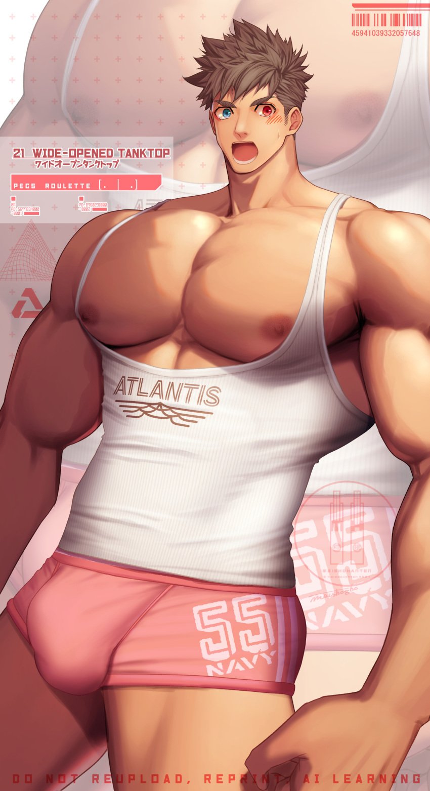 1boy bara beefy biceps big_breasts big_bulge big_hands blue_eyes blush briefs brown_hair bulge bulge_through_clothing disproportional gay heterochromia hi_res hunk looking_at_viewer male male_breasts male_only manly mature_male meisho_hanten muscles muscular muscular_arms muscular_male open_mouth oppai original original_character pecs pink_underwear red_eyes short_hair solo standing sweat sweatdrop tanktop text thick_arms tight_clothing tough_guy v-shaped_eyebrows veiny_arms veiny_breasts veiny_muscles very_high_resolution wide_shoulders yaoi