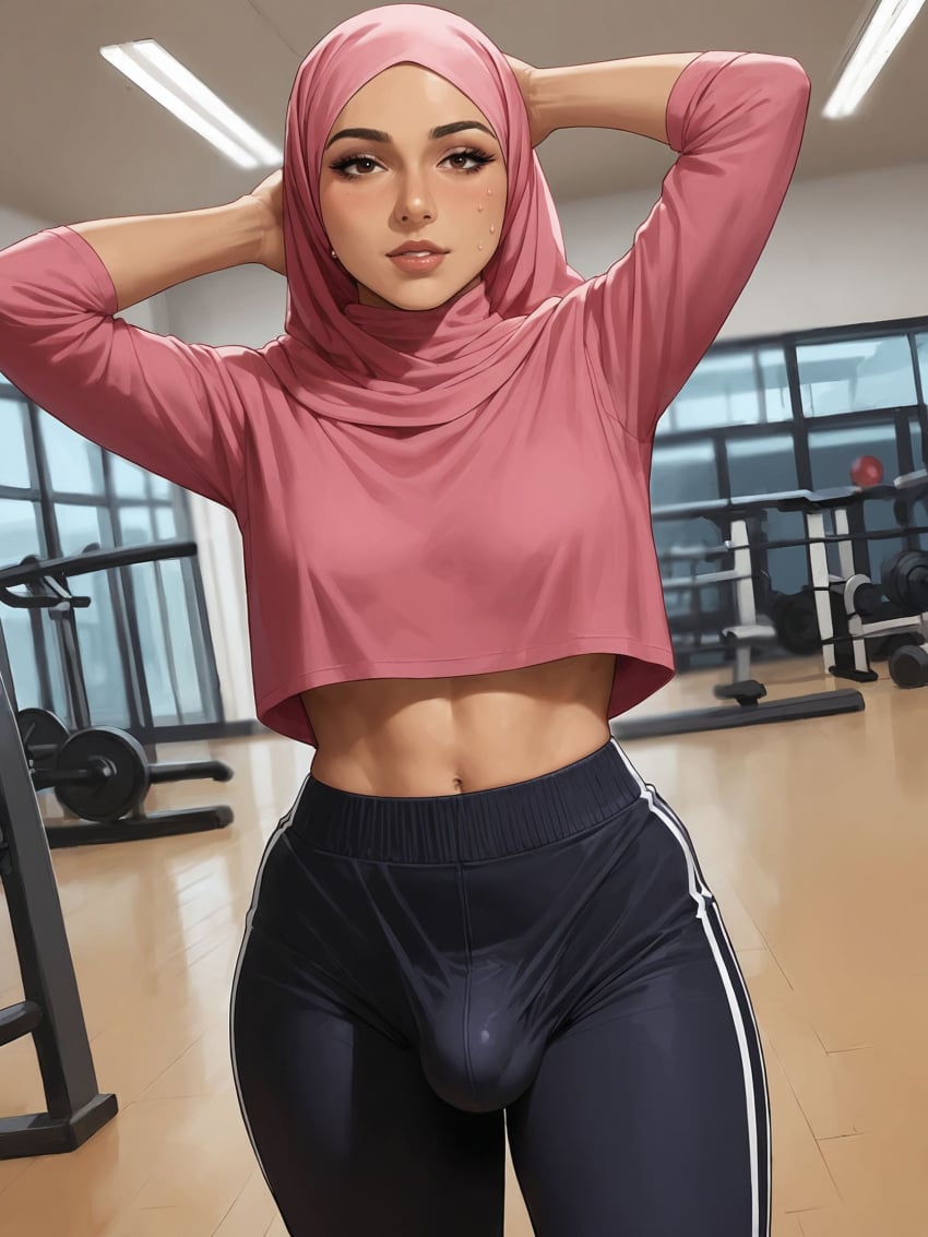 ai_generated bulge erection erection_under_clothes futanari gym hijab hijabstic_hentai muslim muslim_futa public tagme