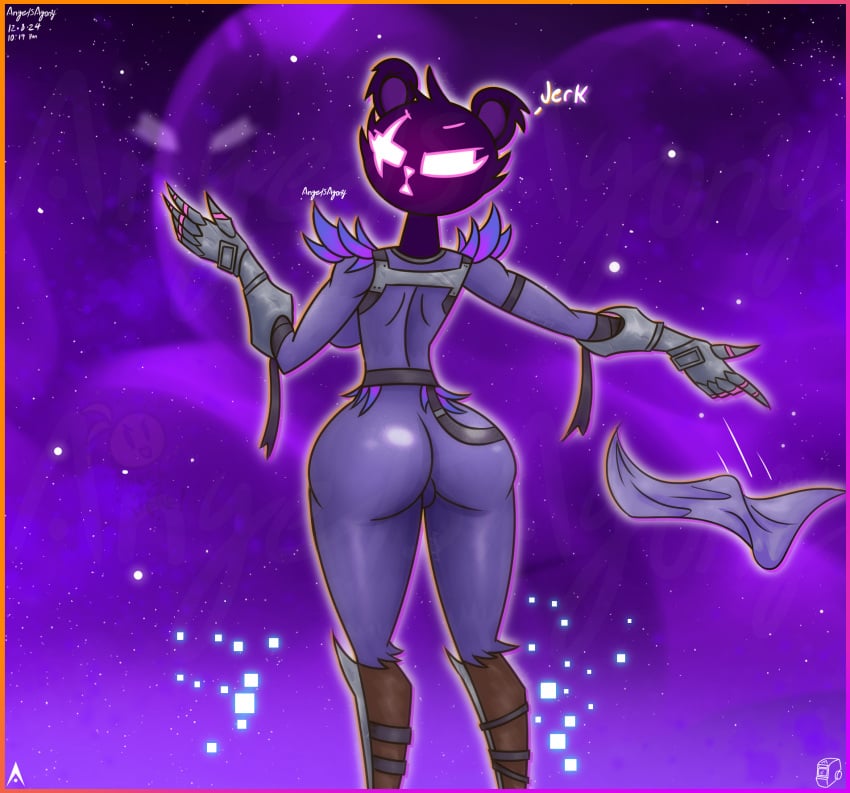 2d 2d_(artwork) agonywelds angelsagony ass big_ass breasts epic_games fortnite fortnite:_battle_royale glowing glowing_eyes looking_at_viewer looking_back presenting presenting_hindquarters raven_team_leader raven_team_leader_(fortnite) sideboob talking_to_viewer text thick_ass thick_thighs thighs wide_hips