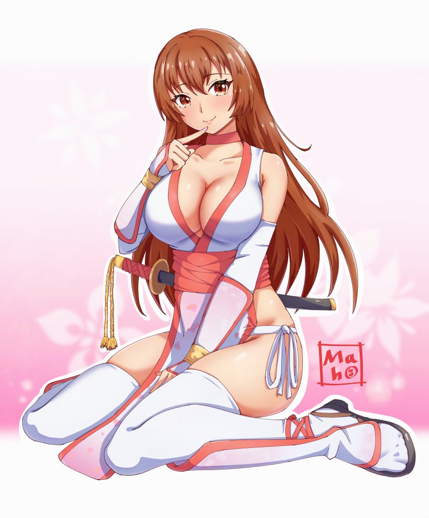 arm_guards breasts brown_eyes brown_hair cleavage curvaceous dead_or_alive female gloves japanese_clothes kasumi_(doa) koei_tecmo large_breasts long_hair no_bra no_panties no_underwear revealing_clothes smile solo tagme tecmo thighhighs thighhighsarm_guards wariza