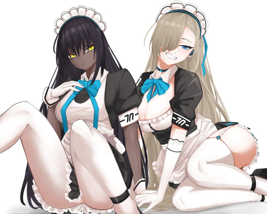 2girls asuna_(blue_archive) big_ass big_breasts black_hair blonde_hair blue_archive blue_eyes cleaning_&amp;_clearing_(blue_archive) cleavage dark-skinned_female dark_skin duo female female_only headdress karin_(blue_archive) light-skinned_female light_skin maid maid_headdress maid_uniform millennium_science_school_student notjapanesesushi thick_thighs yellow_eyes