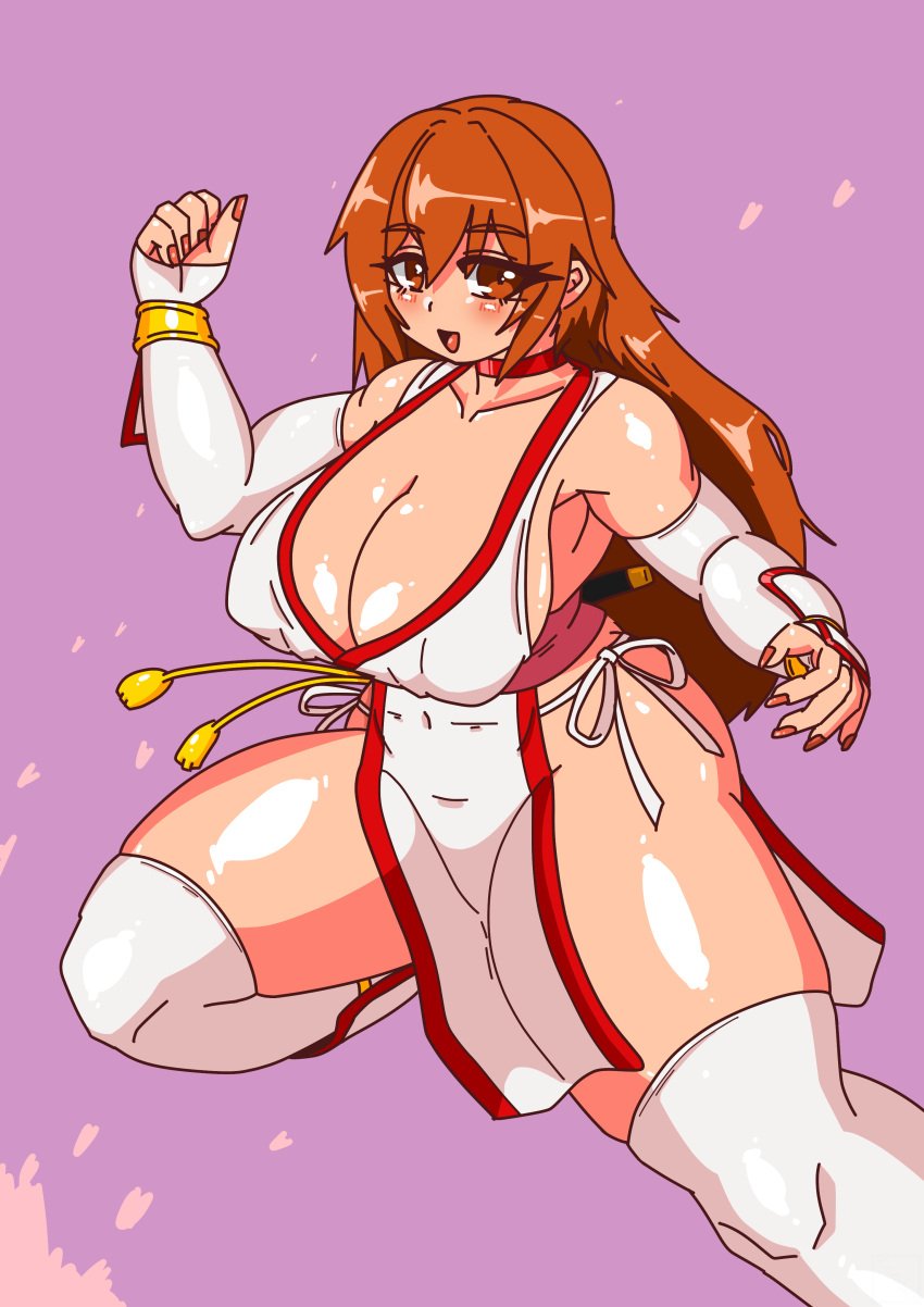 arm_guards breasts chocker cleavage dead_or_alive female gloves huge_breasts japanese_clothes kasumi_(doa) koei_tecmo large_breasts long_hair no_bra no_panties no_underwear orange_eyes orange_hair revealing_clothes smile solo tagme thick_thighs thighhighs