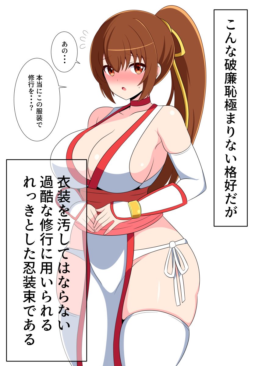 arm_guards blush breasts brown_eyes brown_hair chocker cleavage dead_or_alive female gloves huge_breasts japanese_clothes japanese_text kasumi_(doa) koei_tecmo large_breasts long_hair no_bra no_panties no_underwear ponytail revealing_clothes solo tagme thick_thighs thighhighs translation_request