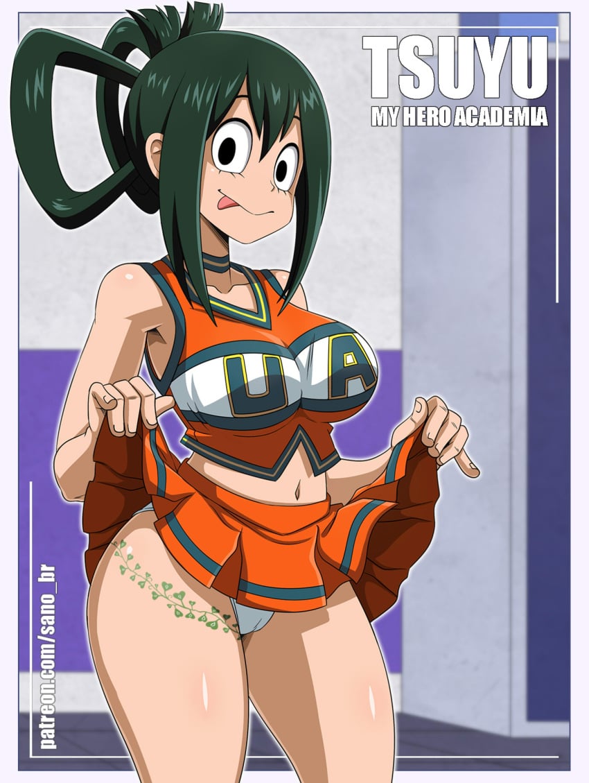 1girls asian_female black_eyes boku_no_hero_academia cheerleader female flashing green_hair highres my_hero_academia non-web_source queen_of_hearts sano-br tattoo third-party_edit tongue_out tsuyu_asui