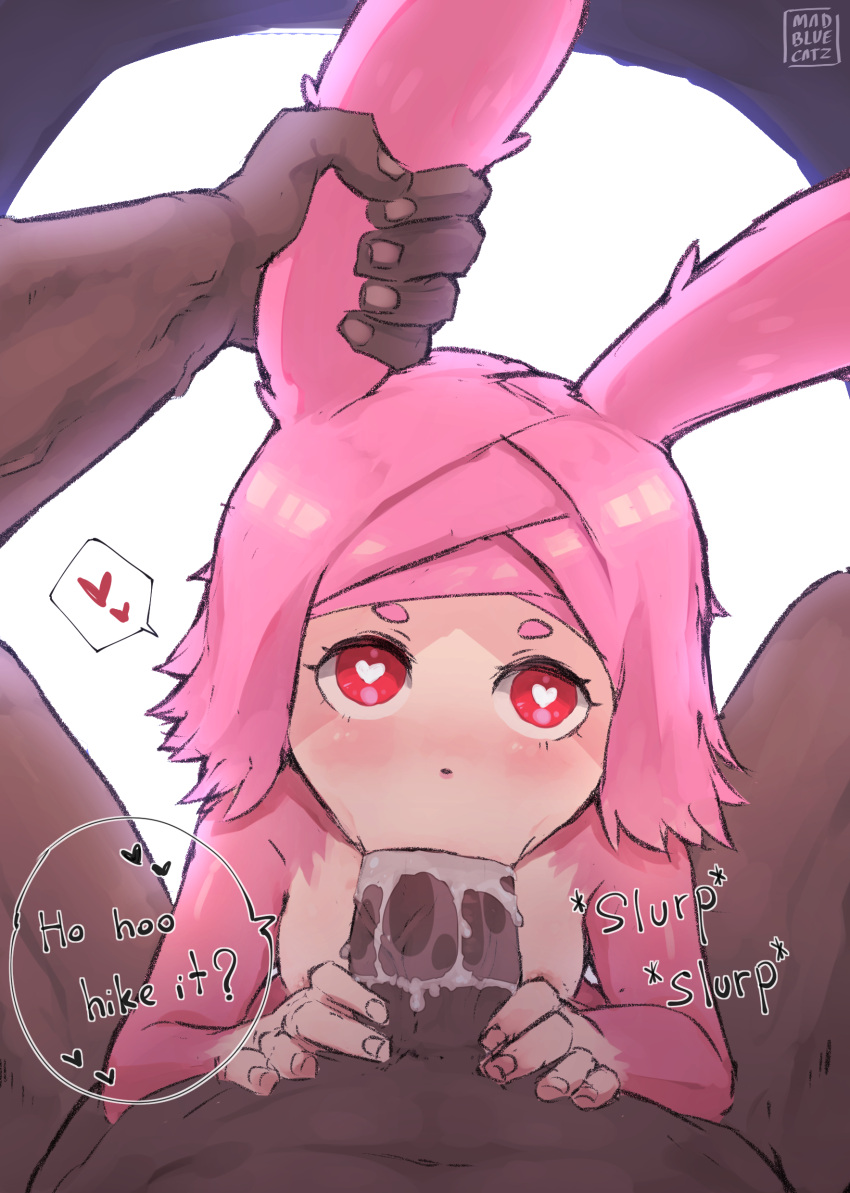 12tailsonline 1boy 1girls big_penis blowjob dark-skinned_male english_text fellatio furry_female madbluecatz nipples penis pink_fur pink_hair rabbit_(12tailsonline) rabbit_girl red_eyes