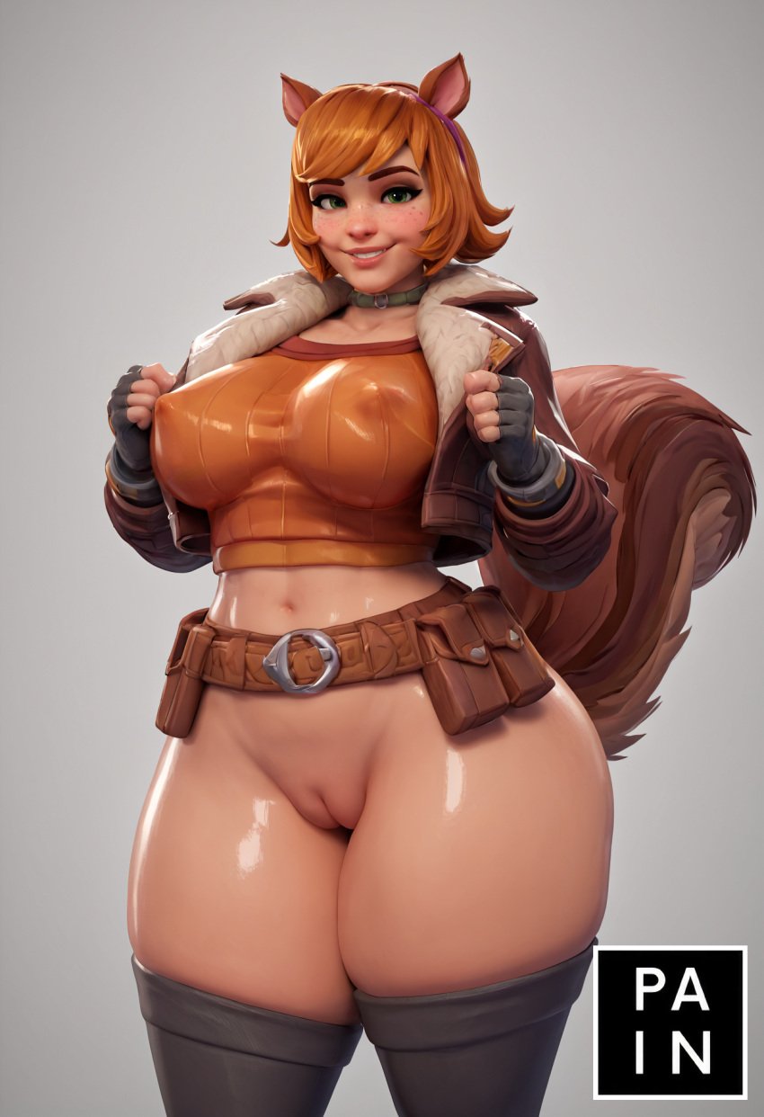 1girls 3d ai_generated animal_ears belt black_thighhighs bottomless breasts brown_hair choker covered_nipples cropped_jacket fingerless_gloves freckles gloves green_eyes jacket large_breasts lips looking_at_viewer marvel marvel_comics marvel_rivals navel nose pein pussy short_hair smile solo squirrel_ears squirrel_girl squirrel_girl_(marvel) squirrel_girl_(marvel_rivals) squirrel_tail stable_diffusion tail thick_thighs thighhighs thighs