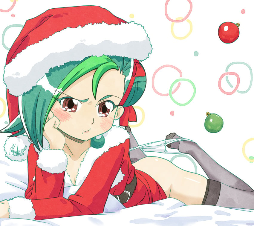 absurdres ass belt black_belt blush bottomless brown_eyes christmas_ornaments closed_mouth dress female female_focus fur-trimmed_dress fur-trimmed_headwear fur-trimmed_sleeves fur_trim green_hair hair_bun hair_ribbon hat highres long_sleeves looking_at_viewer mizuki_kotori_(yu-gi-oh!) multicolored_hair nanaeljustice panties panty_pull pout red_dress red_hat red_ribbon ribbon santa_costume santa_dress santa_hat solo two-tone_hair underwear white_panties yu-gi-oh! yu-gi-oh!_zexal