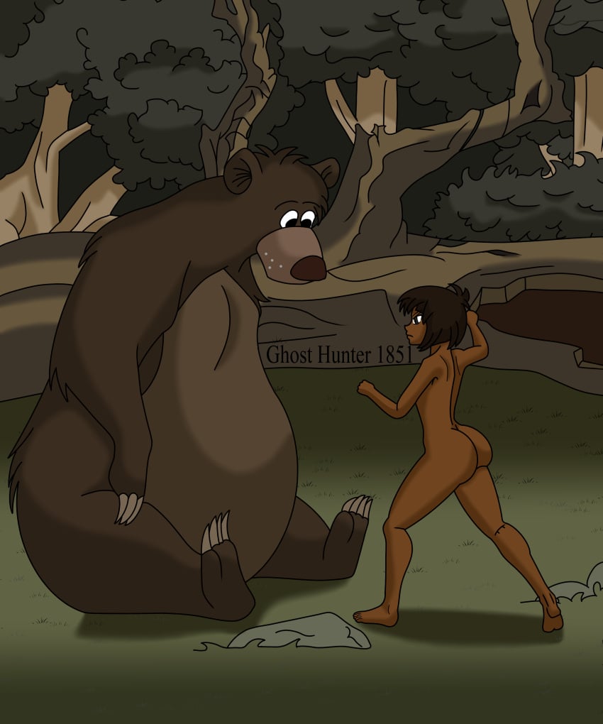 1boy androgynous bare_arms bare_legs bare_shoulders bare_thighs barefoot bear black_hair bubble_ass bubble_butt disney exhibitionism femboy fight fist forest furry ghosthunter1851(artist) huge_ass literature mowgli otoko_no_ko outdoor_nudity outdoors profile public_domain the_jungle_book young