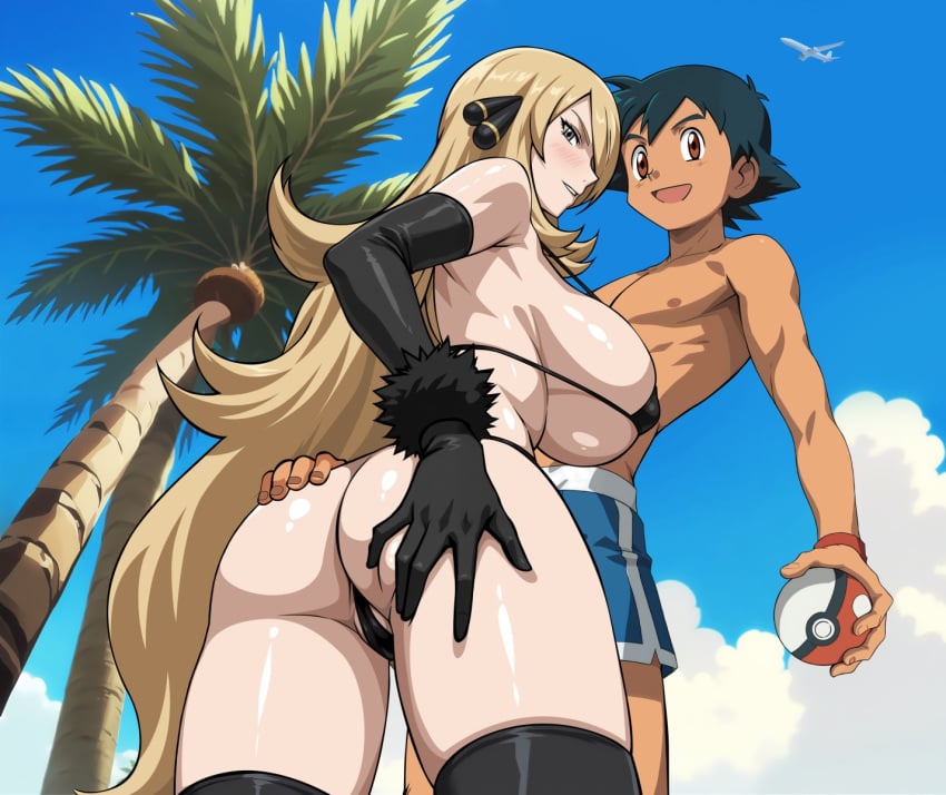 1boy 1girls ash_ketchum beach big_breasts bikini black_hair blonde_hair blue_eyes blue_sky brown_eyes cynthia_(pokemon) female nintendo ocean pokemon pokemon_(anime) satoshi_(pokemon) swimming_trunks yxyyxy