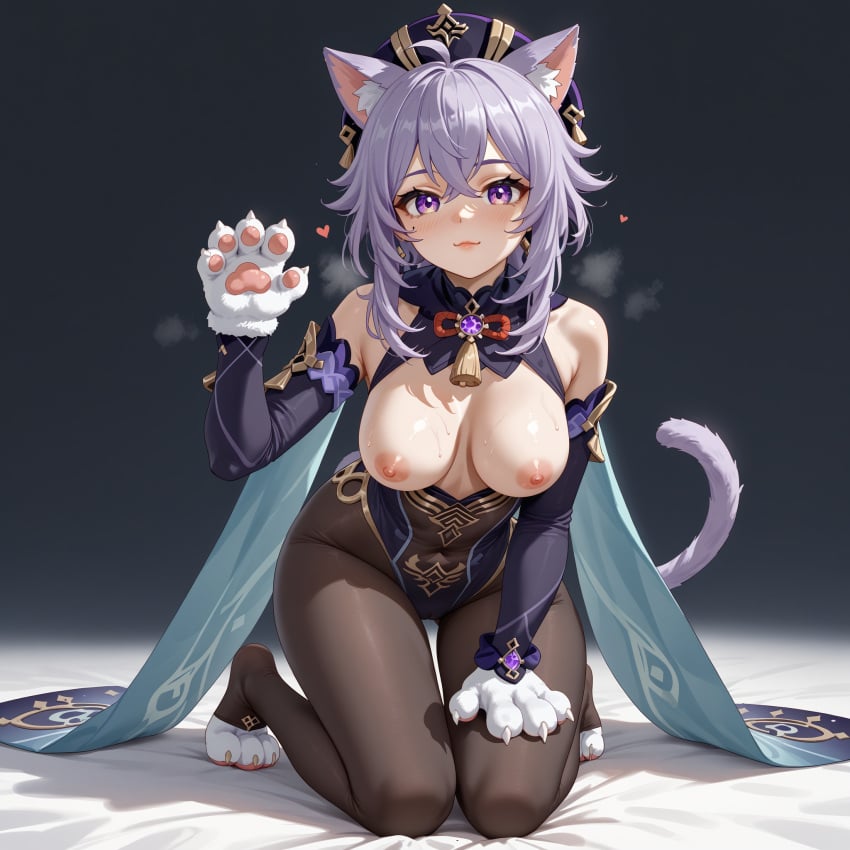 ai_generated animal_ears animal_hands bangs bare_shoulders bed_sheet blush breasts cat_ears cat_girl cat_tail detached_sleeves earrings female genshin_impact gloves hat heart heart-shaped_pupils jewelry kneeling leotard long_hair looking_at_viewer medium_breasts nipples on_bed paw_gloves paw_pose purple_eyes purple_hair qiqi_(genshin_impact) smile solo symbol-shaped_pupils tail thighs